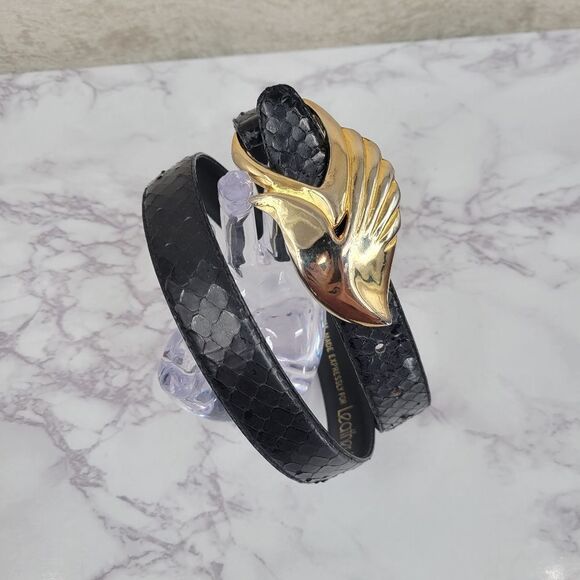 Leather Shop Black Snakeskin Snake Animal Print with Gold Toned Buckle - Picture 2 of 15